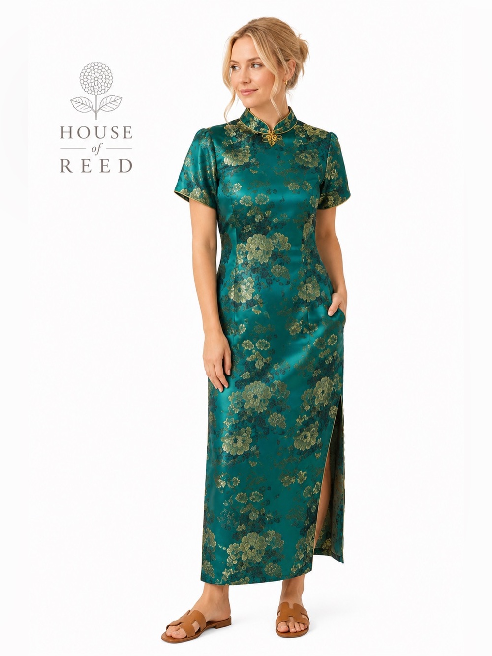 Handmade Teal Brocade Cheongsam Dress | Size 6 | 52” L | Mandarin Collar Formal